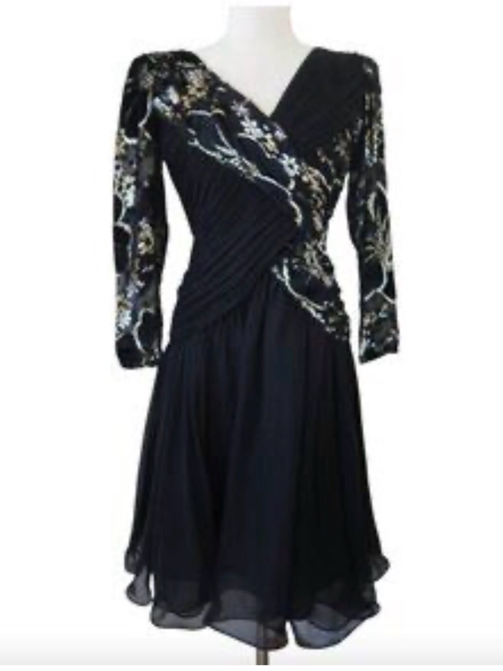 Mignon Black Long-Sleeve V-Neck A-Line Dress with Metallic Floral Embroidery